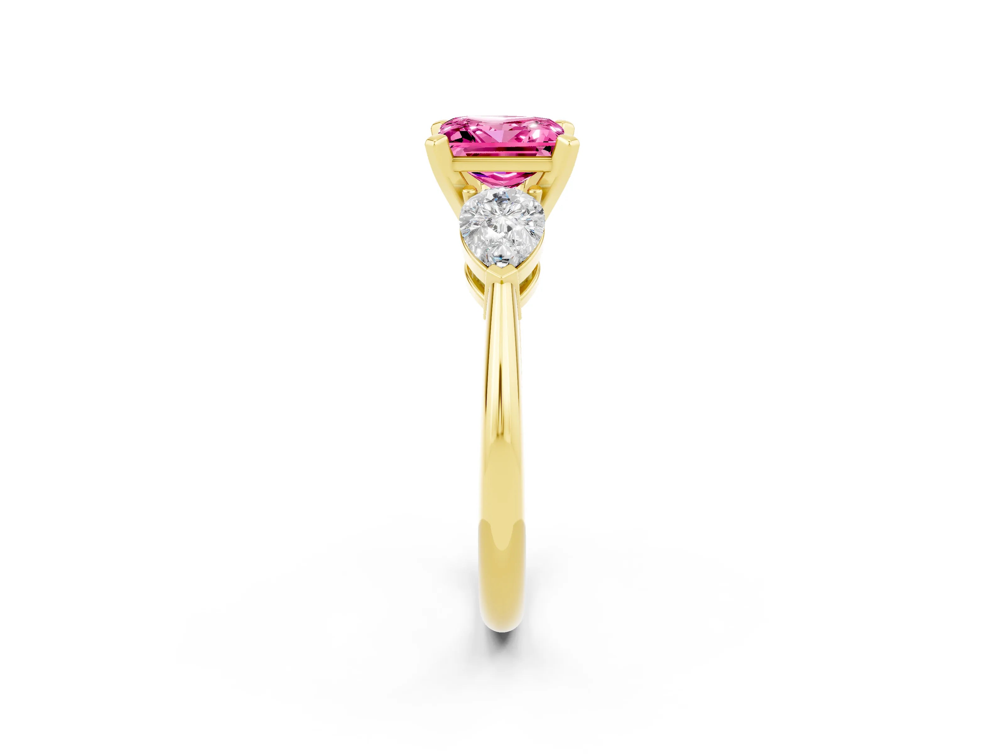 Yellow gold Three-Stone Princess Cut Pink Sapphire Ring with Pear Side Stones and Four-Prong Setting_26