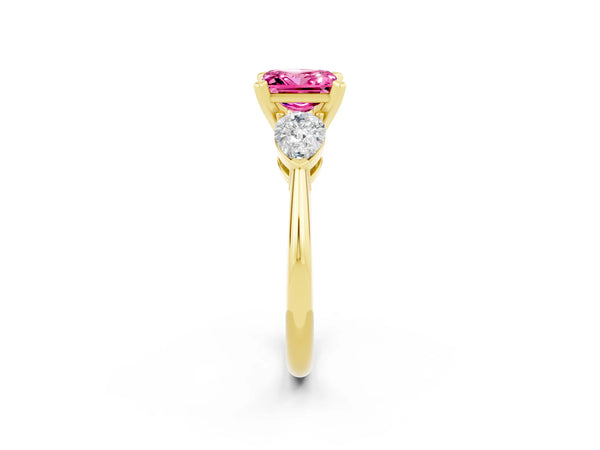 Yellow gold Three-Stone Princess Cut Pink Sapphire Ring with Pear Side Stones and Four-Prong Setting