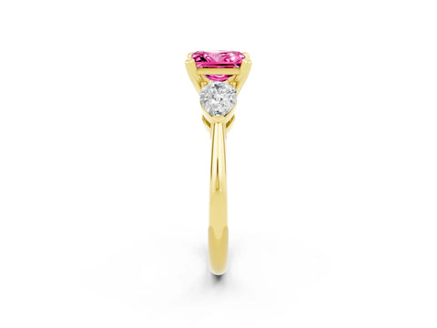 Yellow gold Three-Stone Princess Cut Pink Sapphire Ring with Pear Side Stones and Four-Prong Setting_26