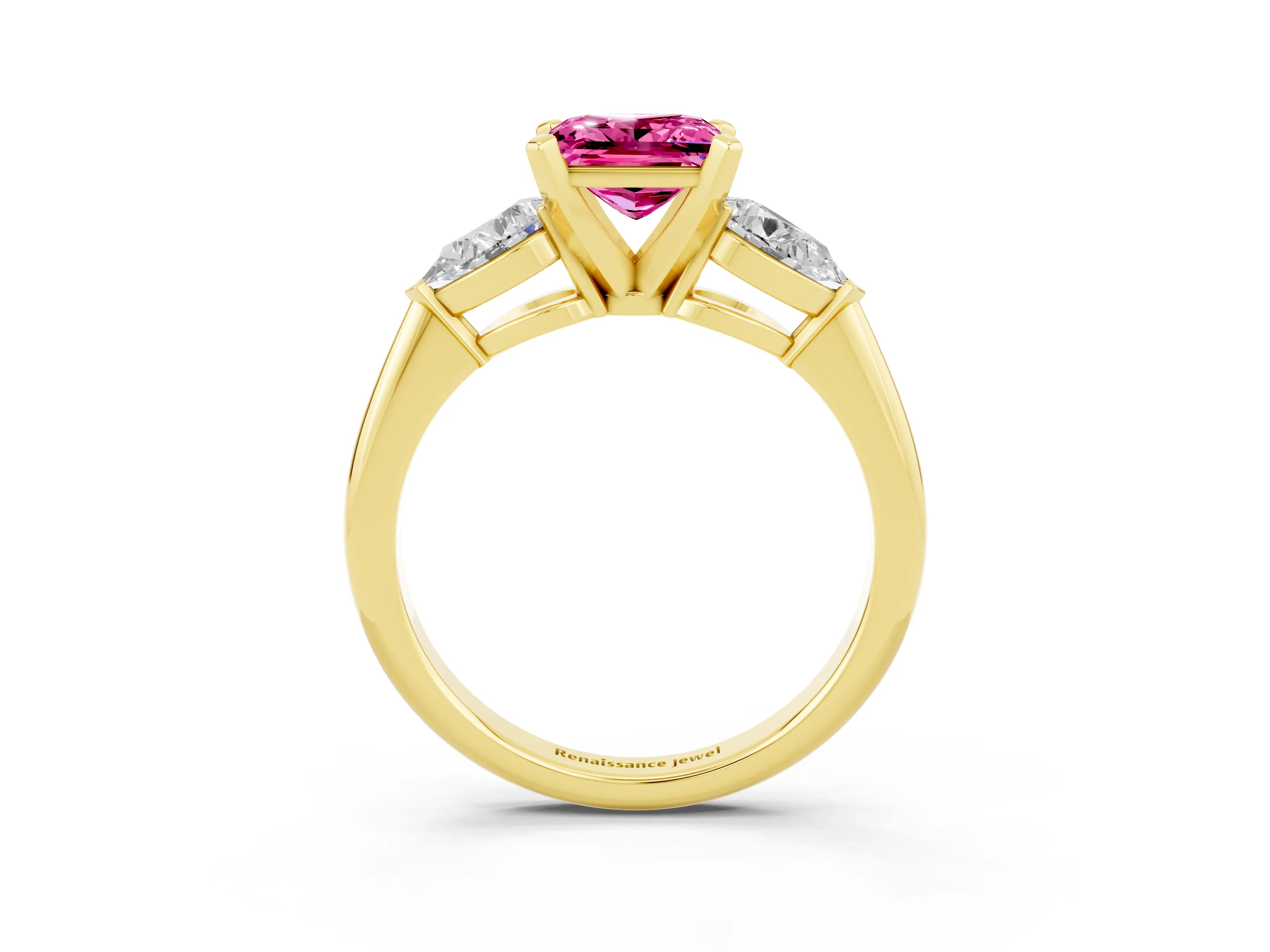 Yellow gold Three-Stone Princess Cut Pink Sapphire Ring with Pear Side Stones and Four-Prong Setting_27