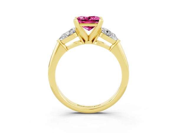 Yellow gold Three-Stone Princess Cut Pink Sapphire Ring with Pear Side Stones and Four-Prong Setting