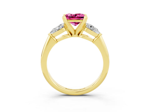 Yellow gold Three-Stone Princess Cut Pink Sapphire Ring with Pear Side Stones and Four-Prong Setting_27