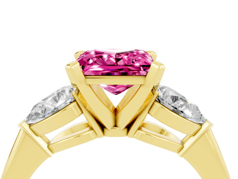 Yellow gold Three-Stone Princess Cut Pink Sapphire Ring with Pear Side Stones and Four-Prong Setting_28