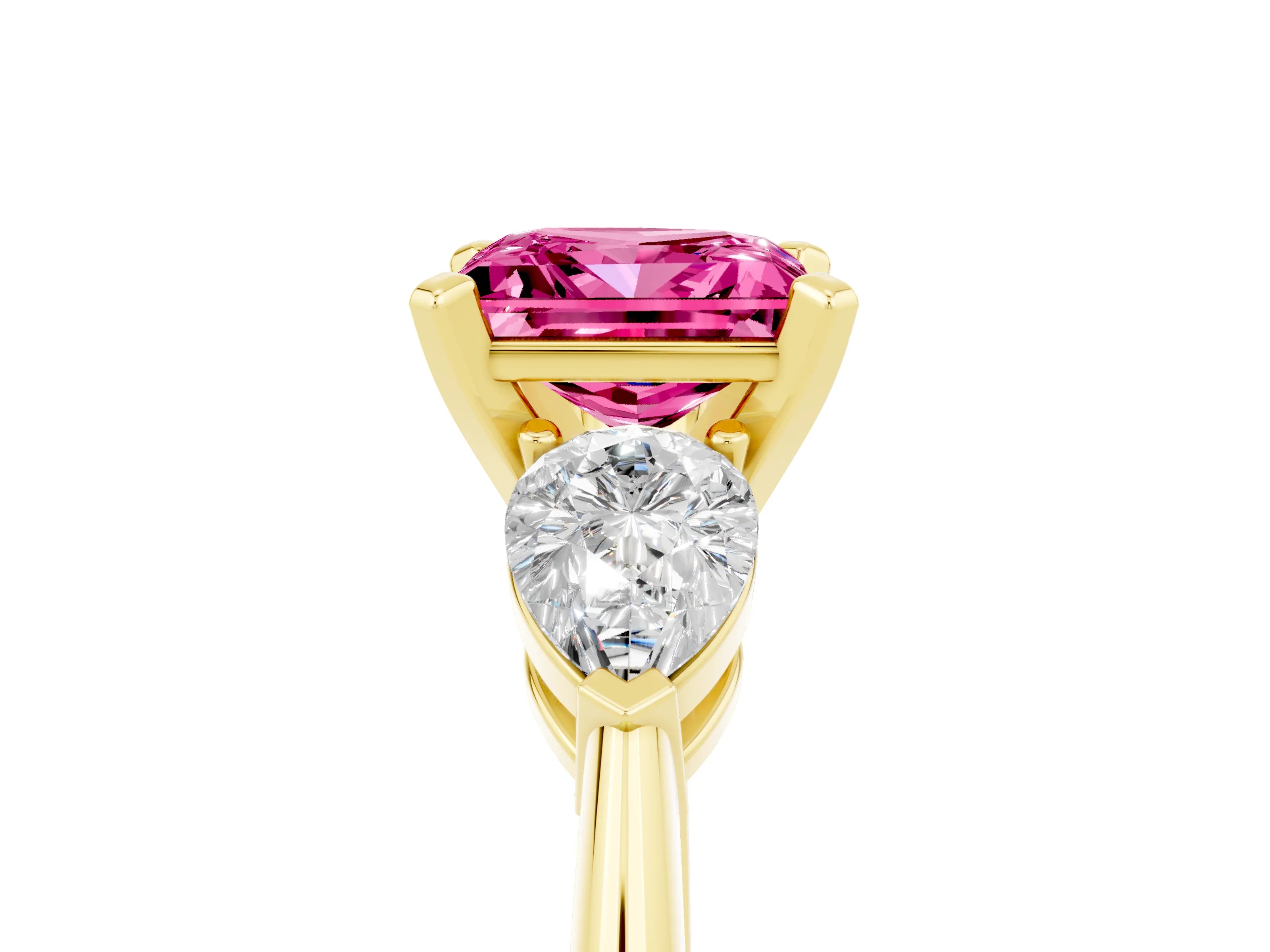 Yellow gold Three-Stone Princess Cut Pink Sapphire Ring with Pear Side Stones and Four-Prong Setting_29