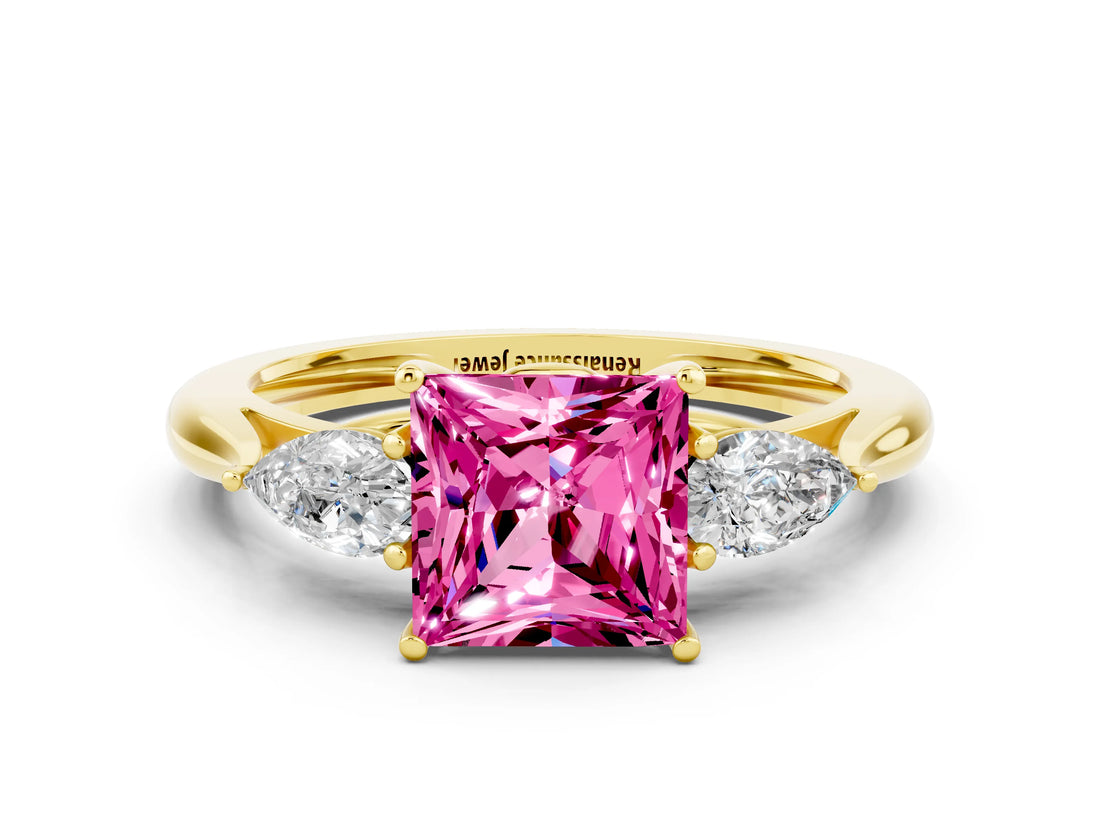 Yellow gold Three-Stone Princess Cut Pink Sapphire Ring with Pear  Side Stones in Four-Prong Setting_12
