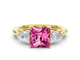 Yellow gold Three-Stone Princess Cut Pink Sapphire Ring with Pear  Side Stones in Four-Prong Setting_12