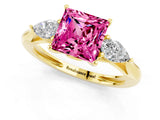 Yellow gold Three-Stone Princess Cut Pink Sapphire Ring with Pear  Side Stones in Four-Prong Setting_13