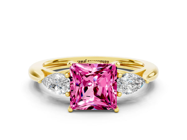 Yellow Gold Princess Cut Lab-Grown Pink Sapphire Three Stone Engagement Ring with Pear Side Stones and Thin Band