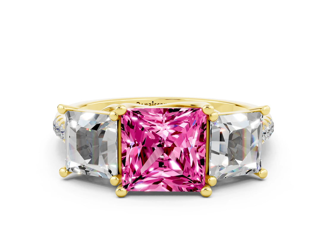 Yellow gold Three-Stone Princess Cut Pink Sapphire Ring with Round  Pavé Band and Prong Setting_12