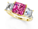 Yellow gold Three-Stone Princess Cut Pink Sapphire Ring with Round  Pavé Band and Prong Setting_13