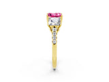 Yellow gold Three-Stone Princess Cut Pink Sapphire Ring with Round  Pavé Band and Prong Setting_14
