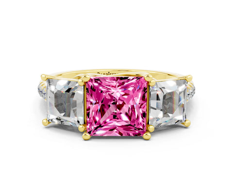 Yellow gold Three-Stone Princess Cut Pink Sapphire Ring with Round  Pavé Band and Prong Setting_48