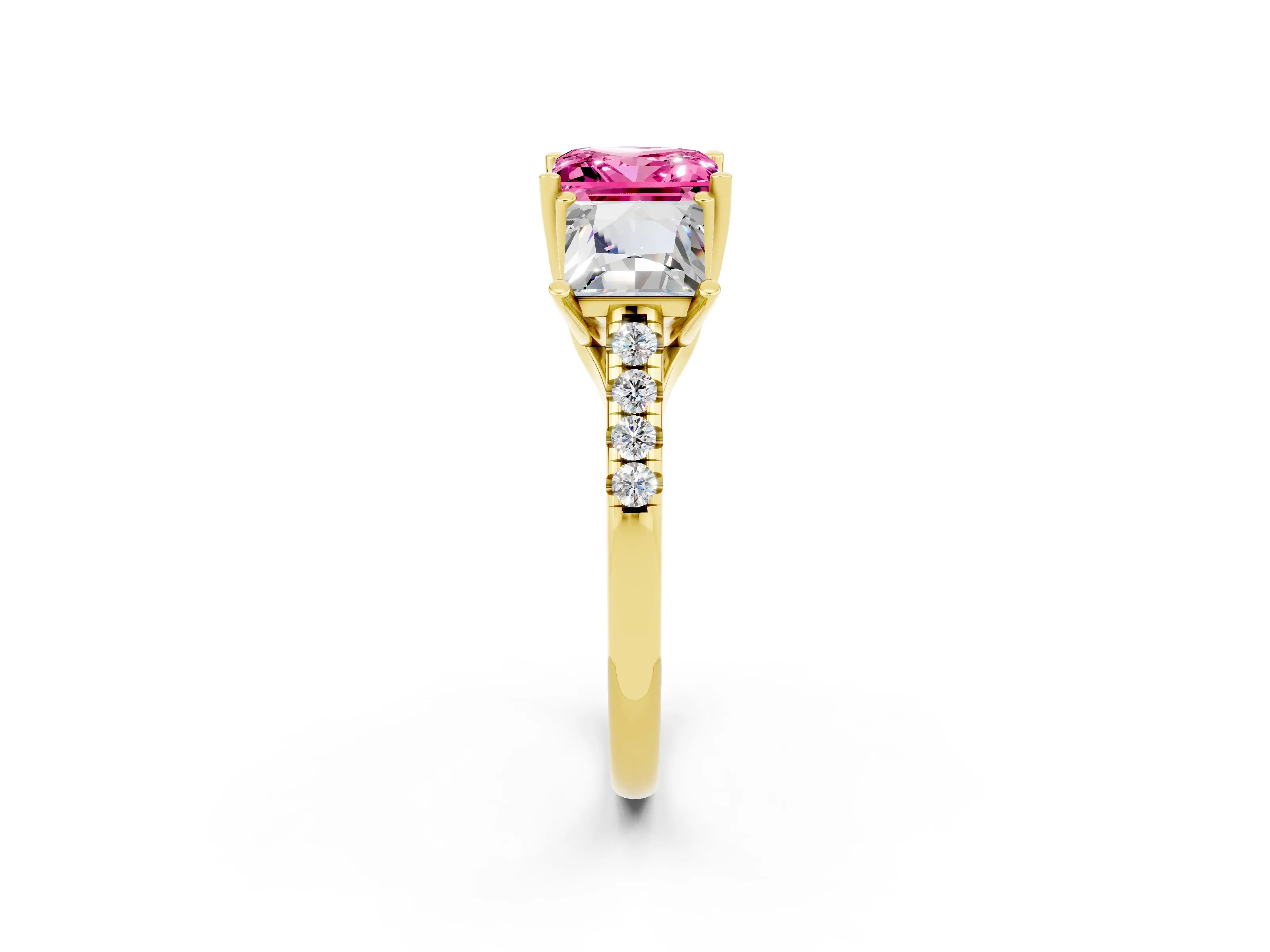 Yellow gold Three-Stone Princess Cut Pink Sapphire Ring with Round  Pavé Band and Prong Setting_50