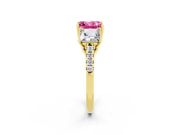 Yellow gold Three-Stone Princess Cut Pink Sapphire Ring with Round  Pavé Band and Prong Setting