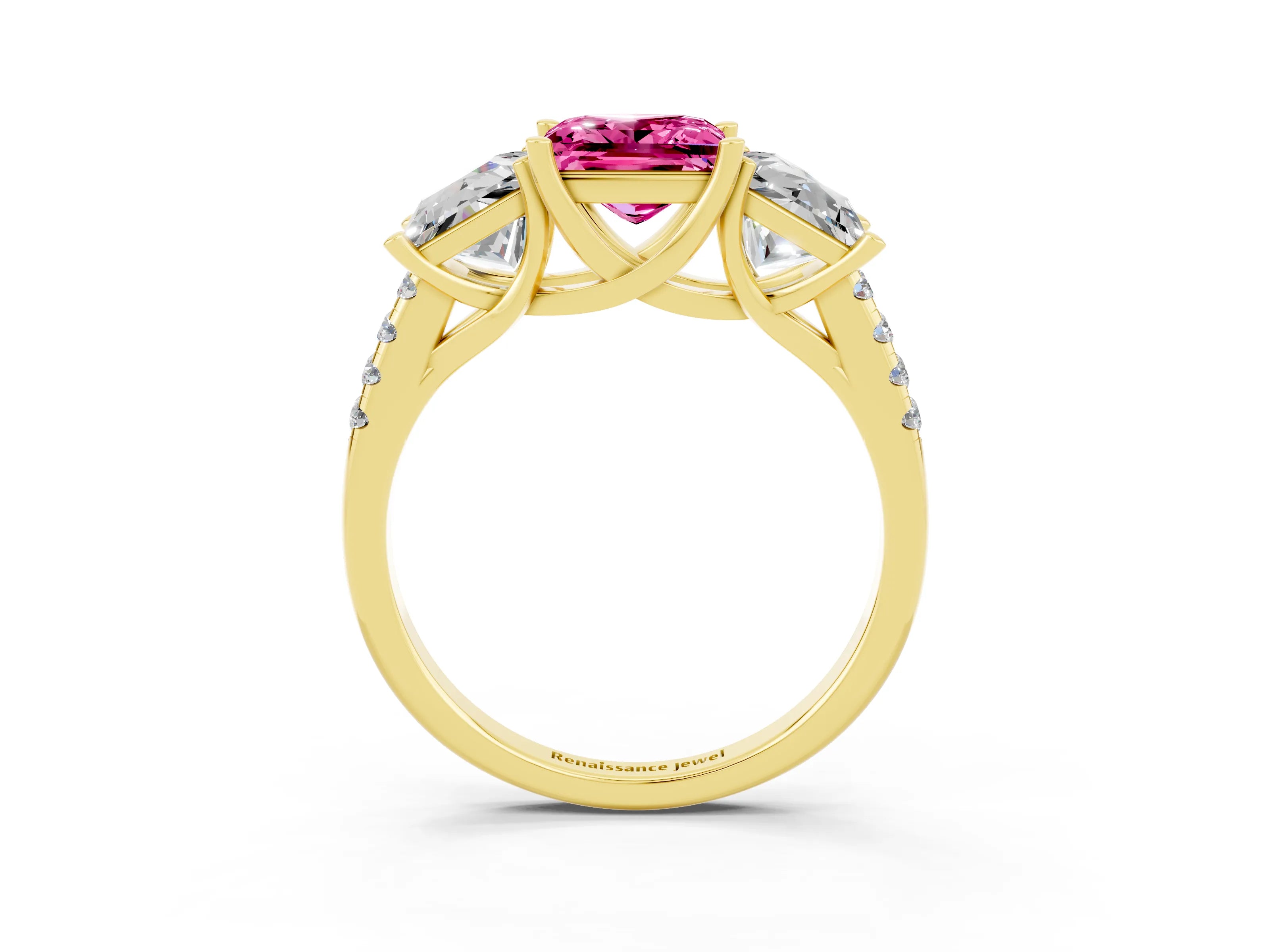 Yellow gold Three-Stone Princess Cut Pink Sapphire Ring with Round  Pavé Band and Prong Setting_51