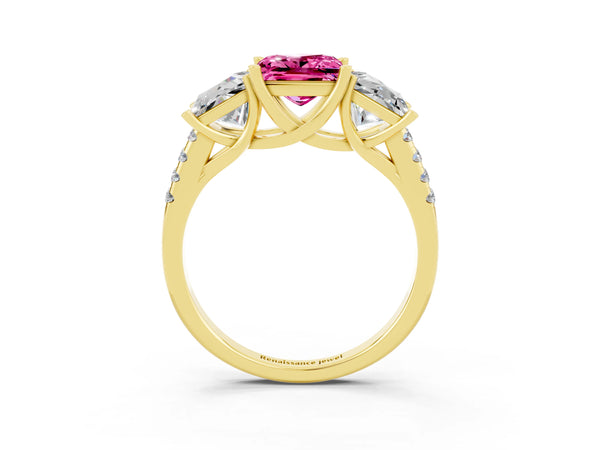 Yellow gold Three-Stone Princess Cut Pink Sapphire Ring with Round  Pavé Band and Prong Setting