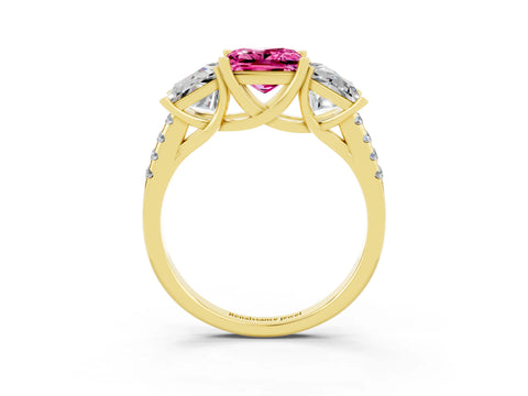 Yellow gold Three-Stone Princess Cut Pink Sapphire Ring with Round  Pavé Band and Prong Setting_51