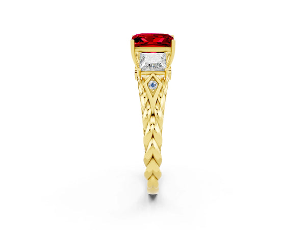 Yellow gold Three-Stone Princess Cut Ruby Braided Band Ring with Four-Prong Setting