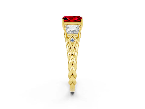 Yellow gold Three-Stone Princess Cut Ruby Braided Band Ring with Four-Prong Setting_14