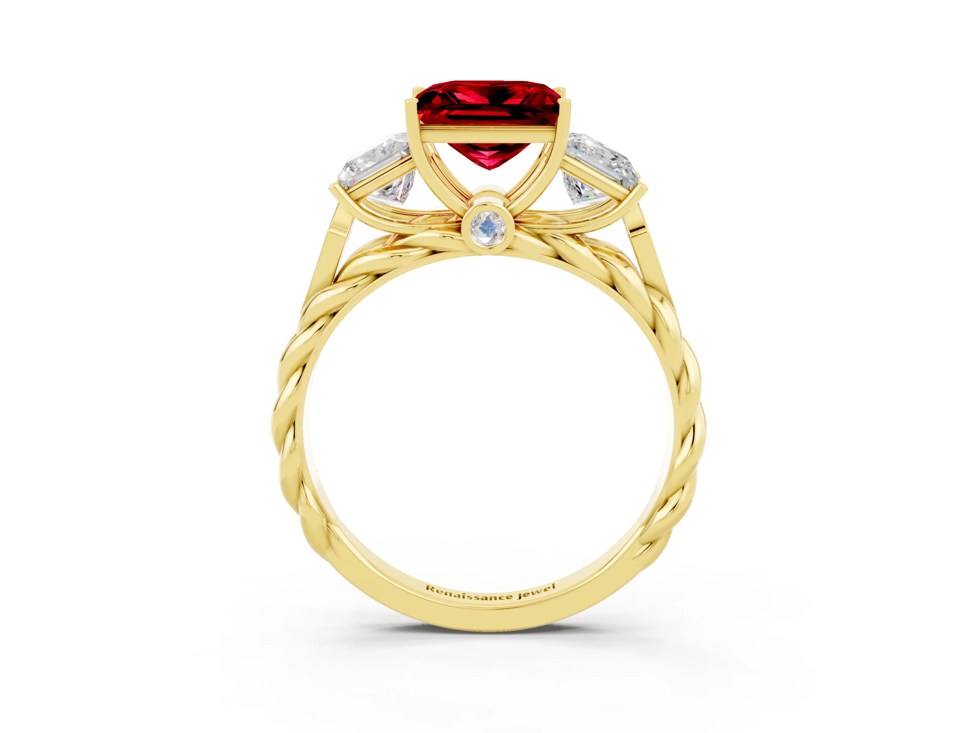Yellow gold Three-Stone Princess Cut Ruby Braided Band Ring with Four-Prong Setting_15