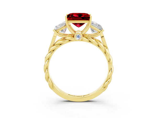 Yellow gold Three-Stone Princess Cut Ruby Braided Band Ring with Four-Prong Setting