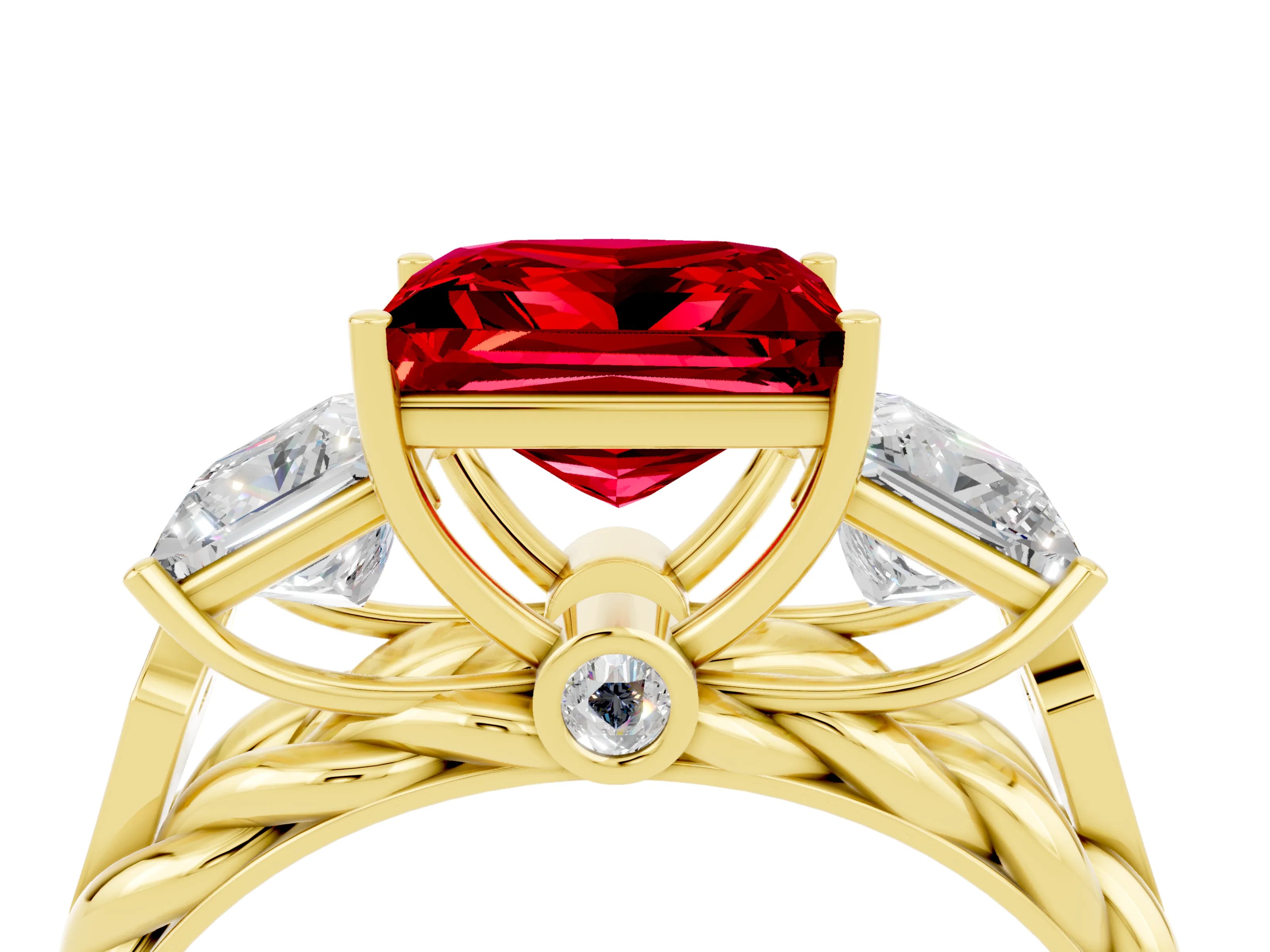 Yellow gold Three-Stone Princess Cut Ruby Braided Band Ring with Four-Prong Setting_16