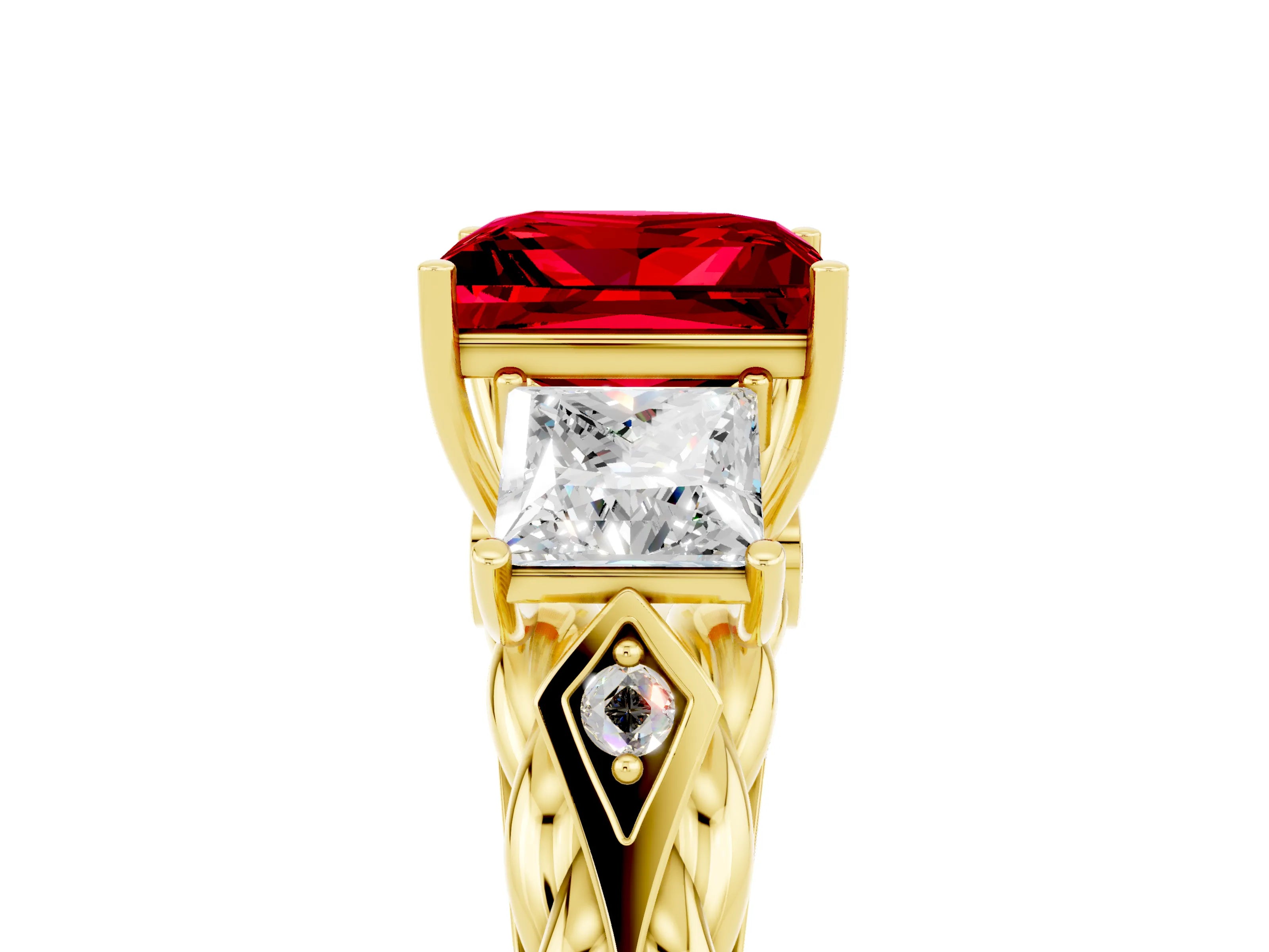 Yellow gold Three-Stone Princess Cut Ruby Braided Band Ring with Four-Prong Setting_17