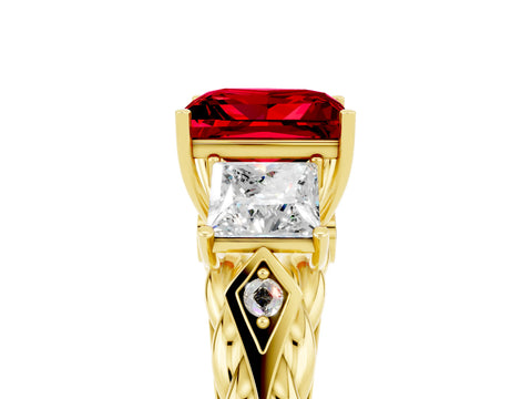 Yellow gold Three-Stone Princess Cut Ruby Braided Band Ring with Four-Prong Setting_17