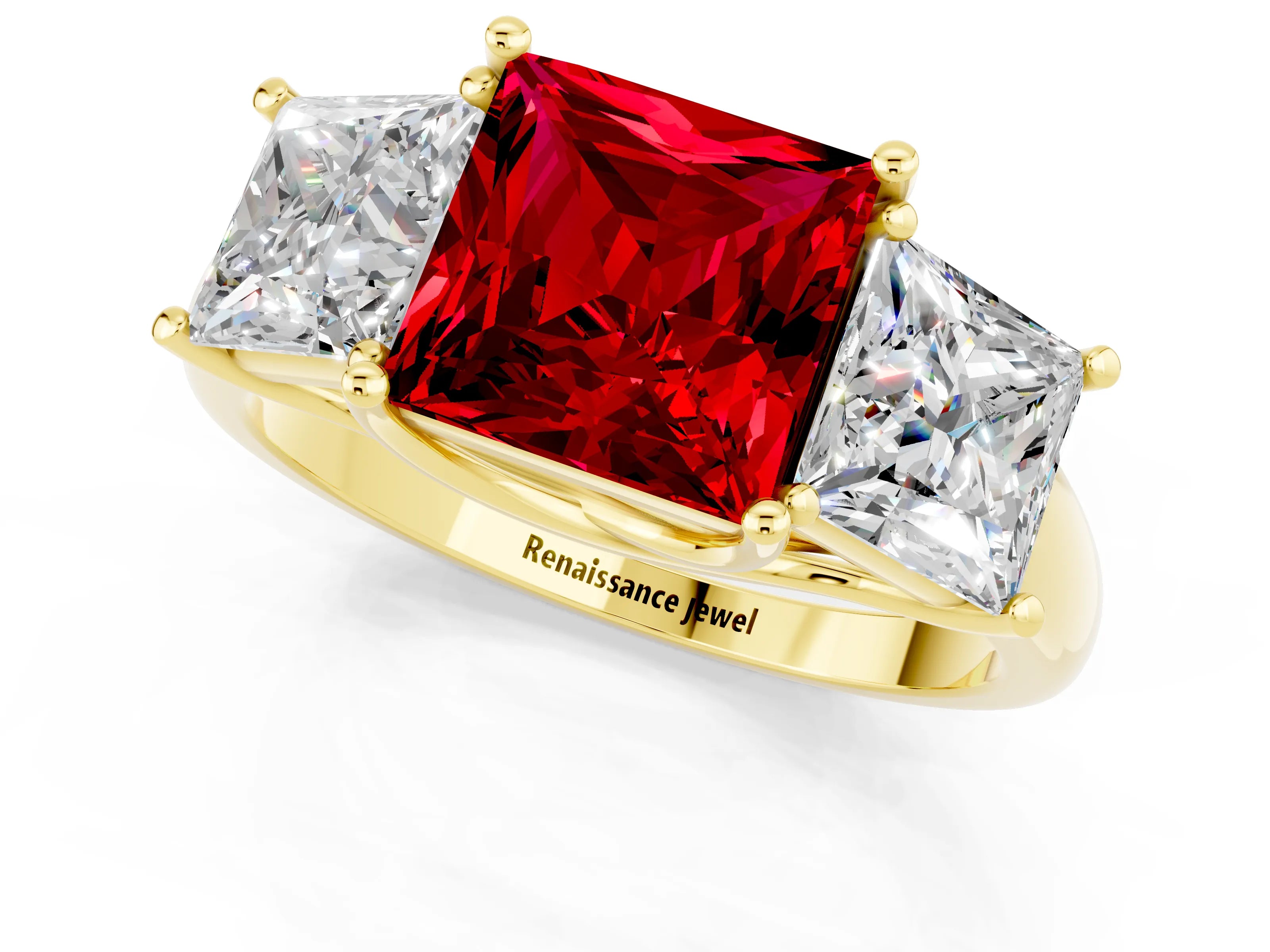 Yellow gold Three-Stone Princess Cut Ruby Engagement Ring with Prong Setting_1
