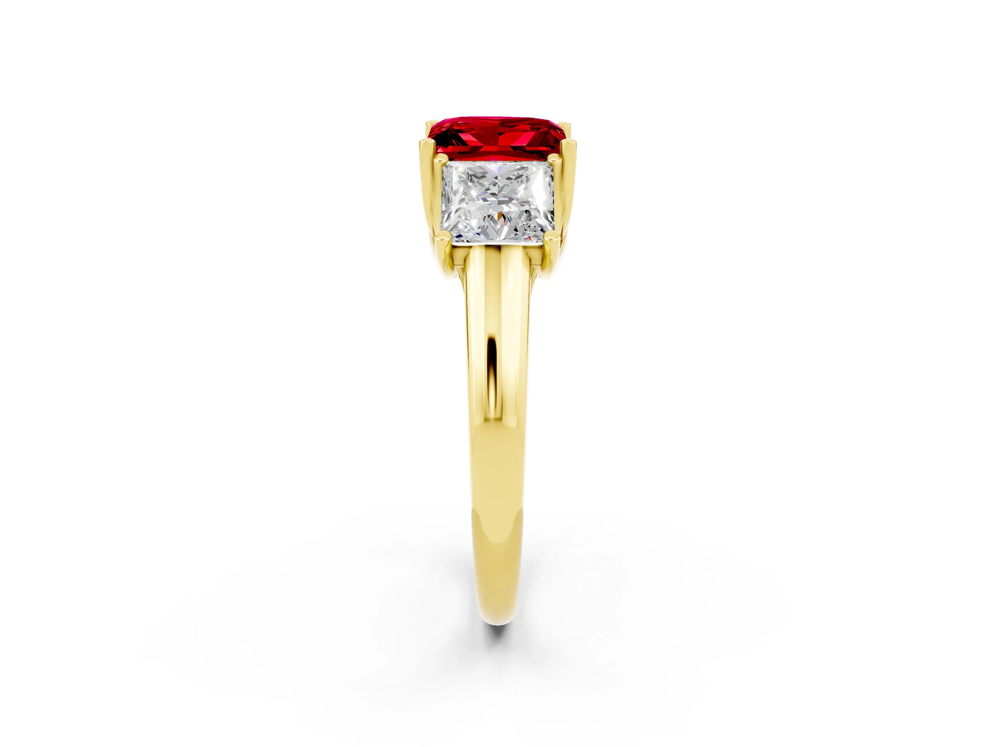 Yellow gold Three-Stone Princess Cut Ruby Engagement Ring with Prong Setting_2