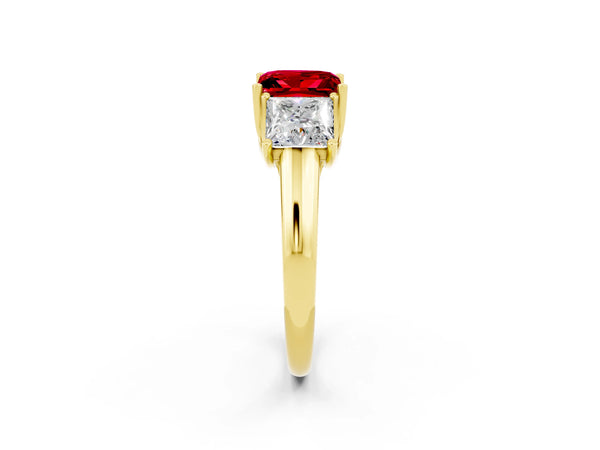 Yellow gold Three-Stone Princess Cut Ruby Engagement Ring with Prong Setting