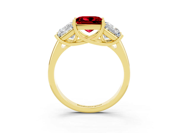 Yellow gold Three-Stone Princess Cut Ruby Engagement Ring with Prong Setting