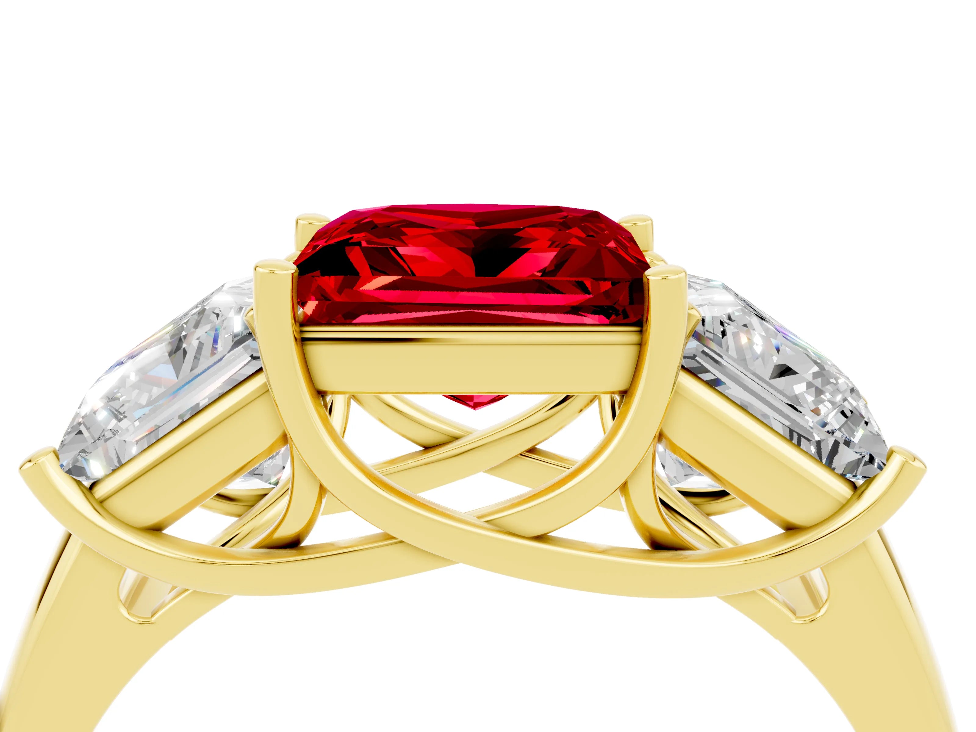 Yellow gold Three-Stone Princess Cut Ruby Engagement Ring with Prong Setting_4
