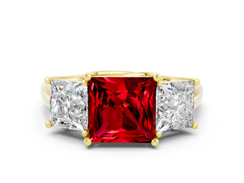 Yellow gold Three-Stone Princess Cut Ruby Engagement Ring with Prong Setting