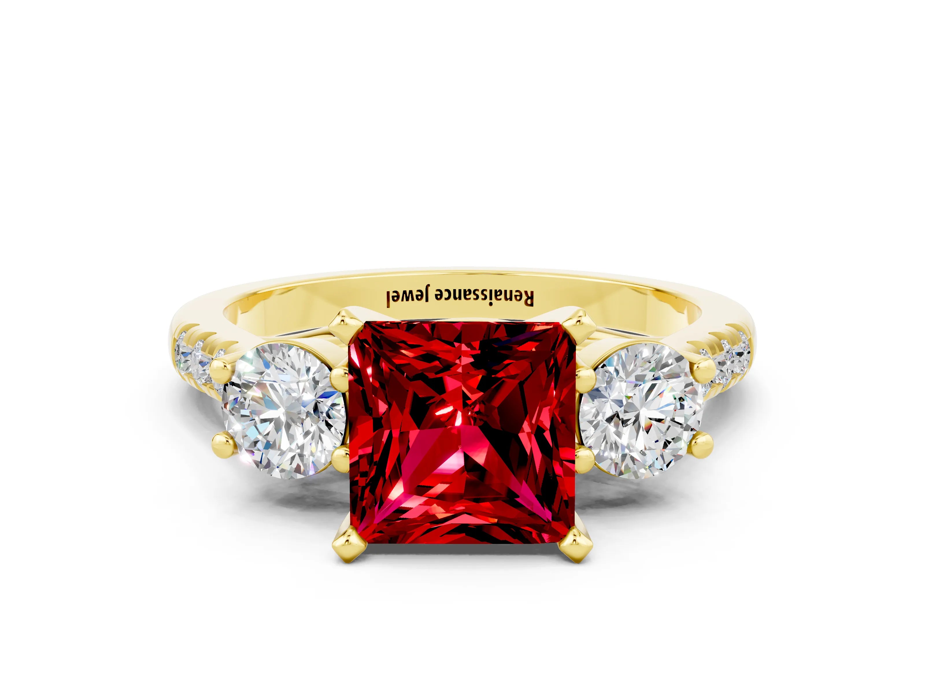 Yellow gold Three-Stone Princess Cut Ruby Pavé Band with Four-Prong Setting
