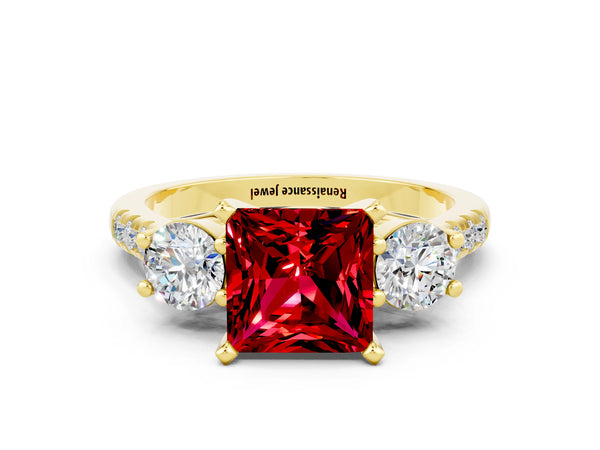 Yellow gold Three-Stone Princess Cut Ruby Pavé Band with Four-Prong Setting