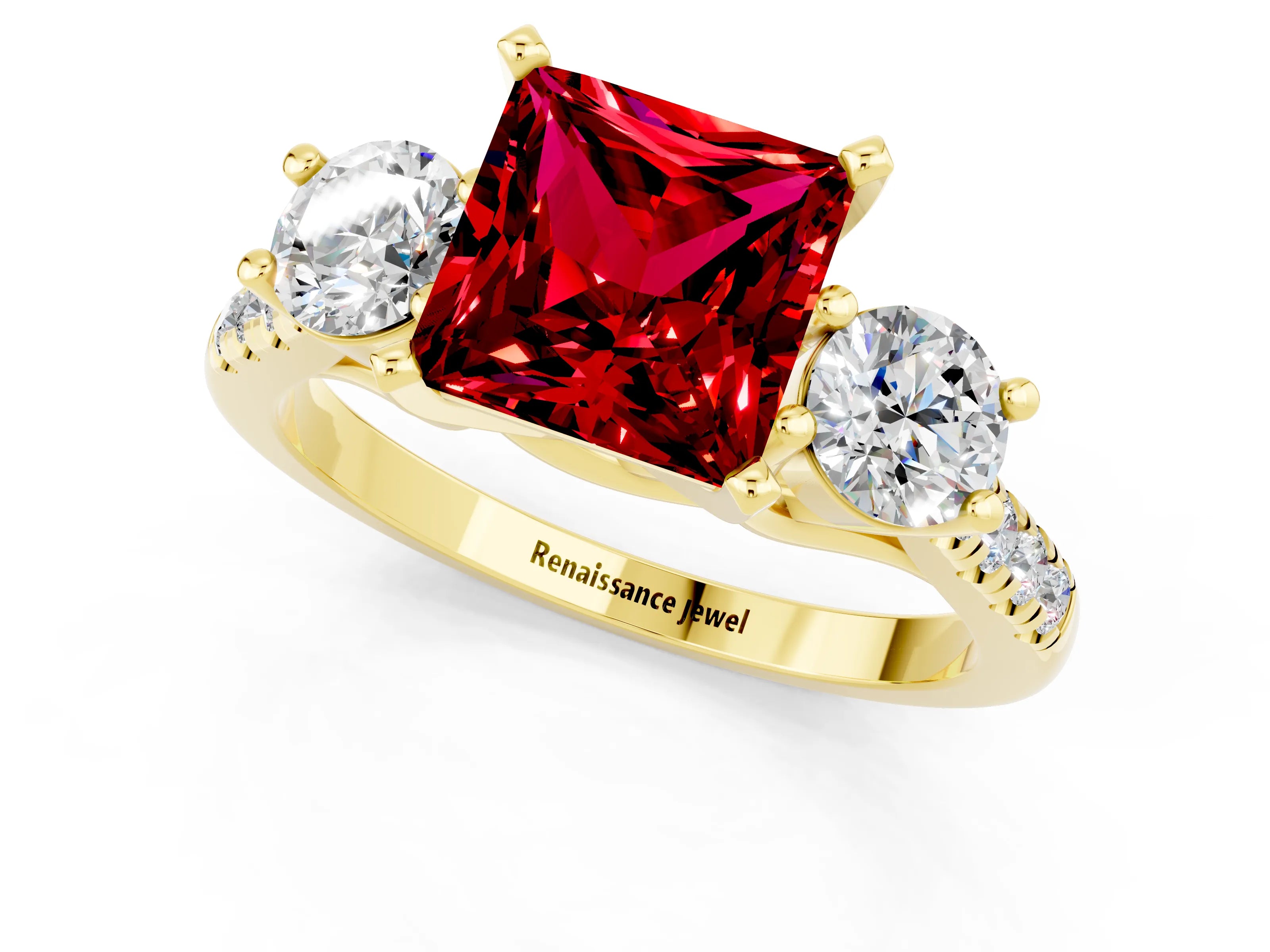 Yellow gold Three-Stone Princess Cut Ruby Pavé Band with Four-Prong Setting_1
