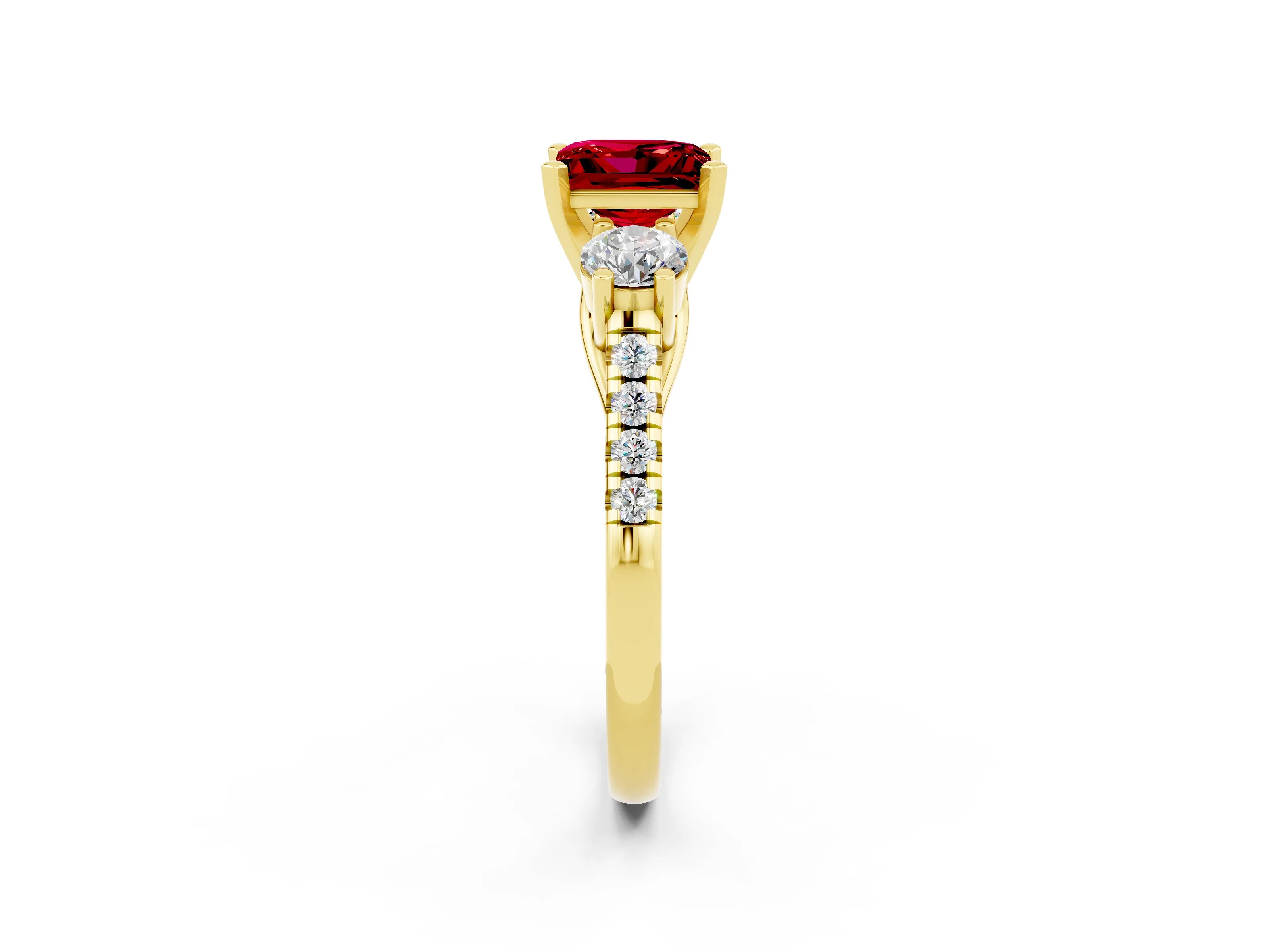 Yellow gold Three-Stone Princess Cut Ruby Pavé Band with Four-Prong Setting_2