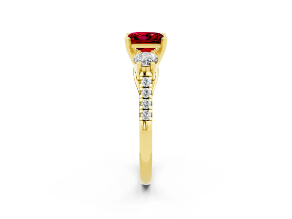 Yellow gold Three-Stone Princess Cut Ruby Pavé Band with Four-Prong Setting