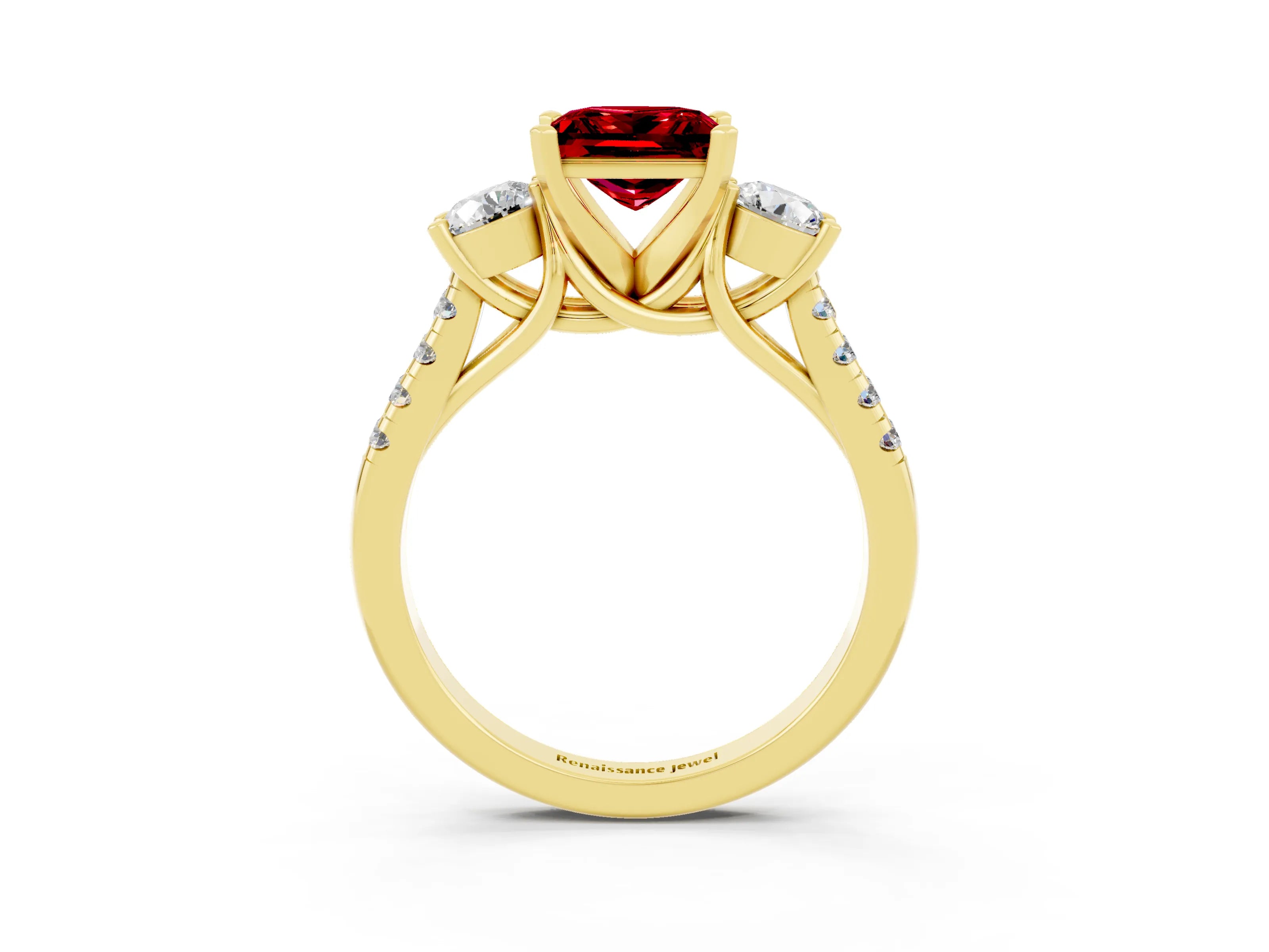 Yellow gold Three-Stone Princess Cut Ruby Pavé Band with Four-Prong Setting_3
