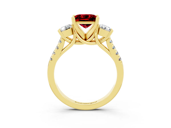 Yellow gold Three-Stone Princess Cut Ruby Pavé Band with Four-Prong Setting