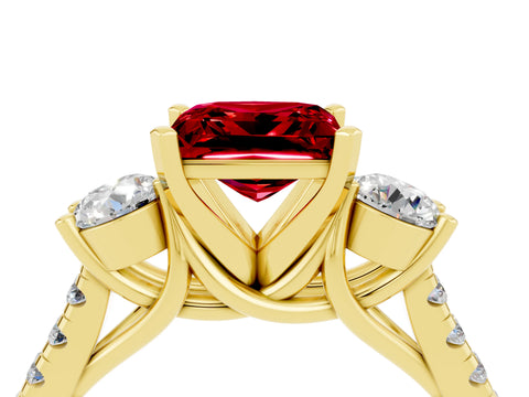 Yellow gold Three-Stone Princess Cut Ruby Pavé Band with Four-Prong Setting_4