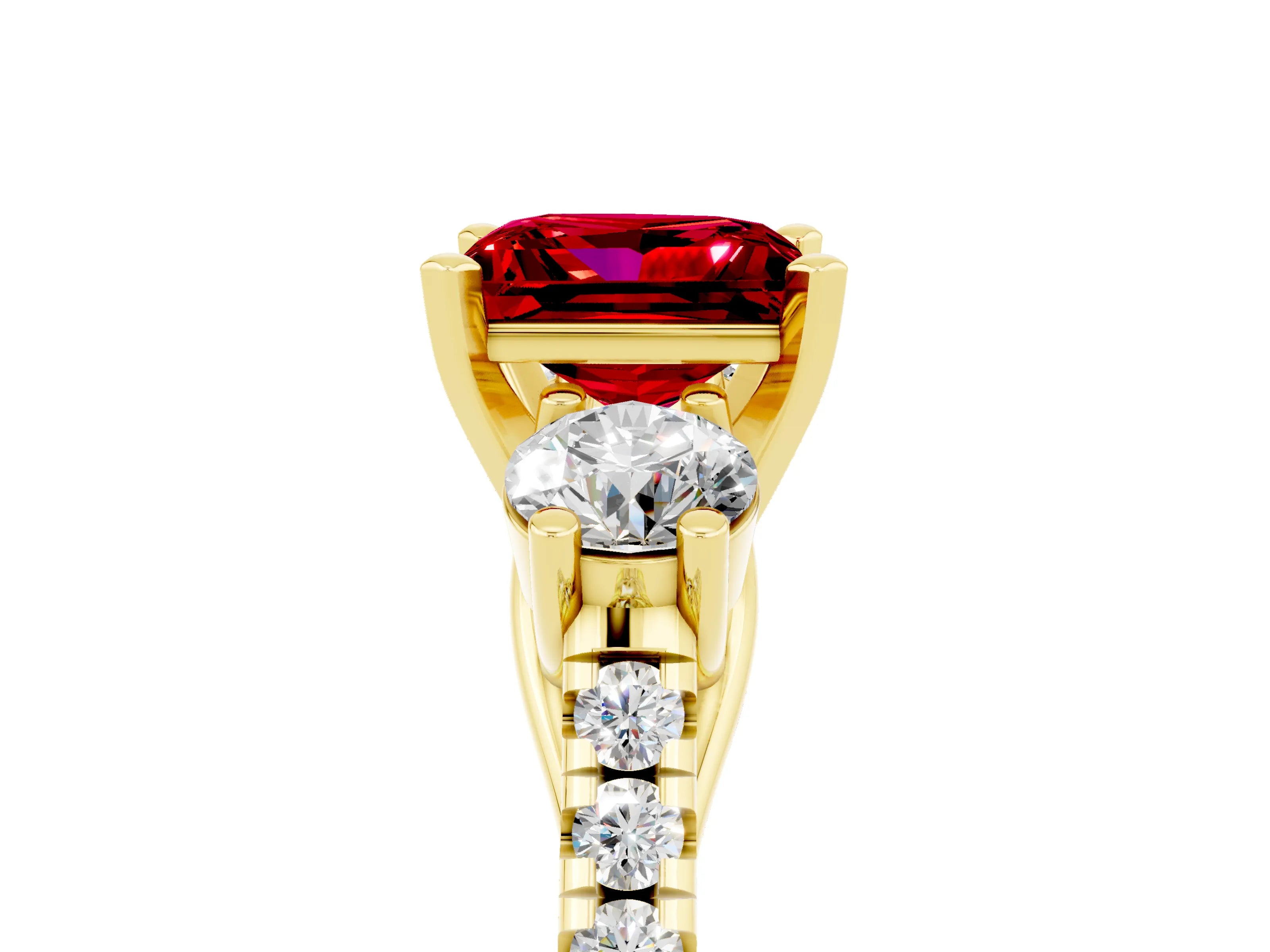 Yellow gold Three-Stone Princess Cut Ruby Pavé Band with Four-Prong Setting_5