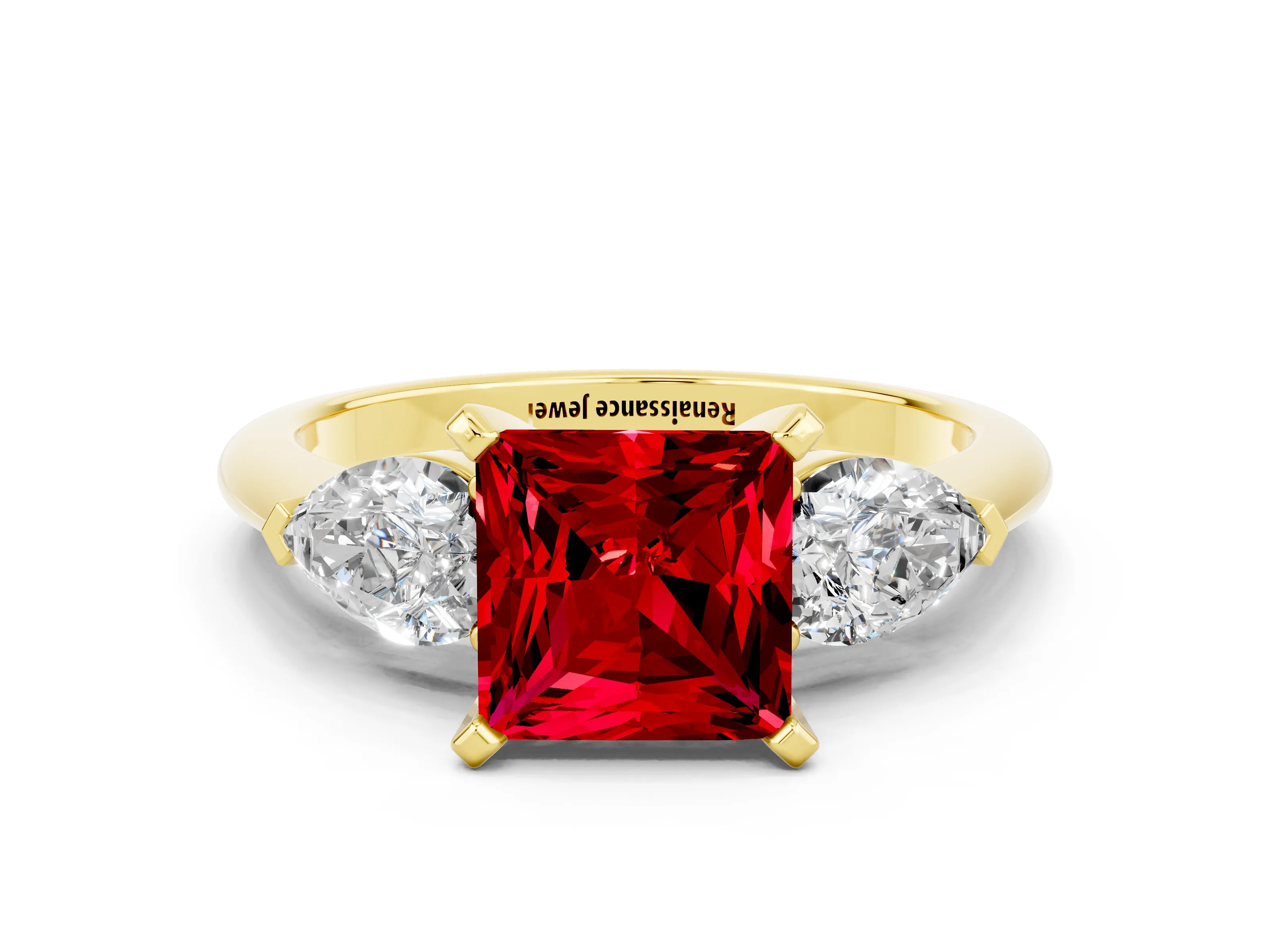 Yellow gold Three-Stone Princess Cut Ruby Ring with Pear Side Stones and Four-Prong Setting