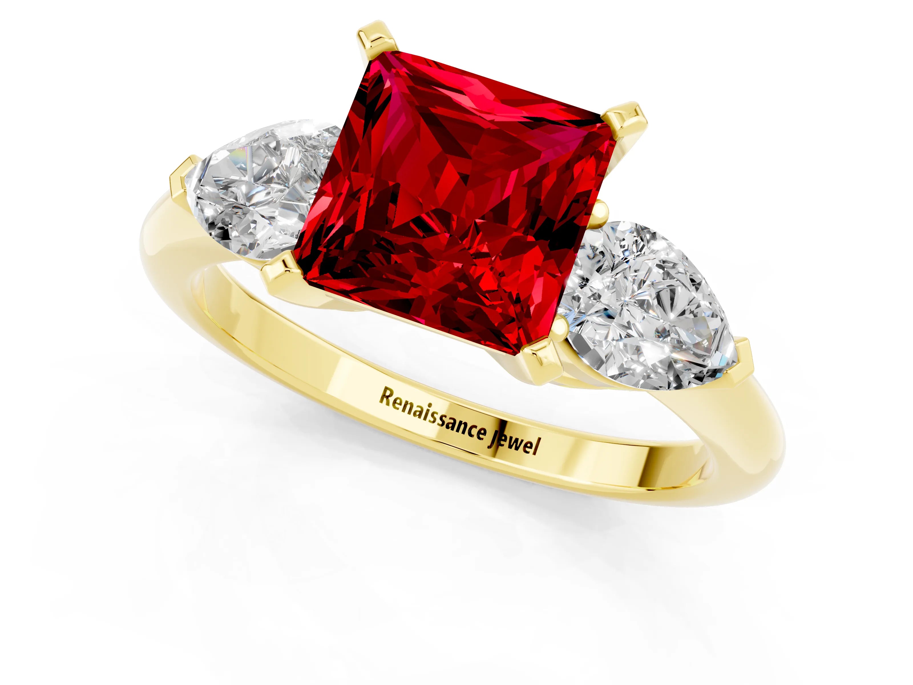 Yellow gold Three-Stone Princess Cut Ruby Ring with Pear Side Stones and Four-Prong Setting_1