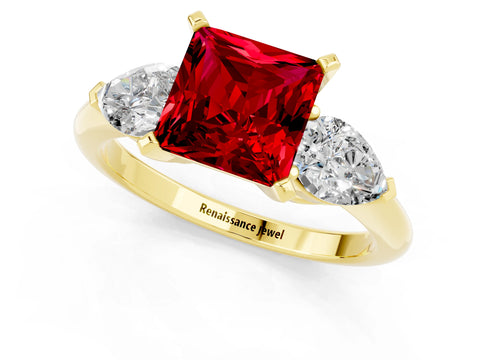 Yellow gold Three-Stone Princess Cut Ruby Ring with Pear Side Stones and Four-Prong Setting_1