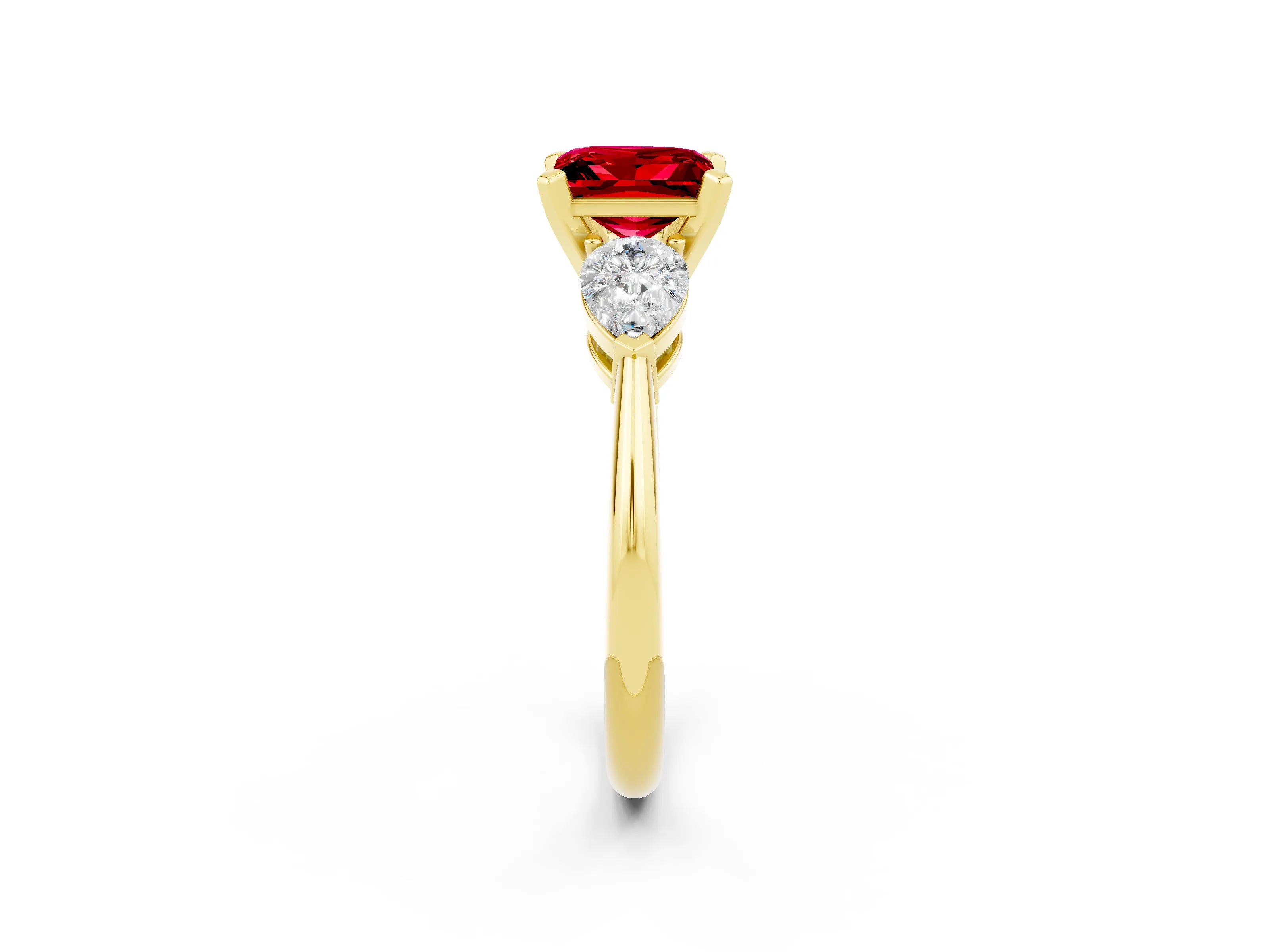 Yellow gold Three-Stone Princess Cut Ruby Ring with Pear Side Stones and Four-Prong Setting_2