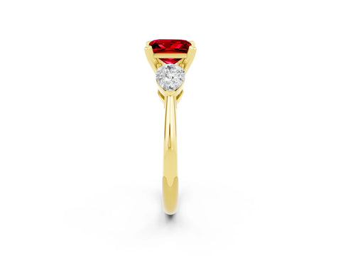 Yellow gold Three-Stone Princess Cut Ruby Ring with Pear Side Stones and Four-Prong Setting_2