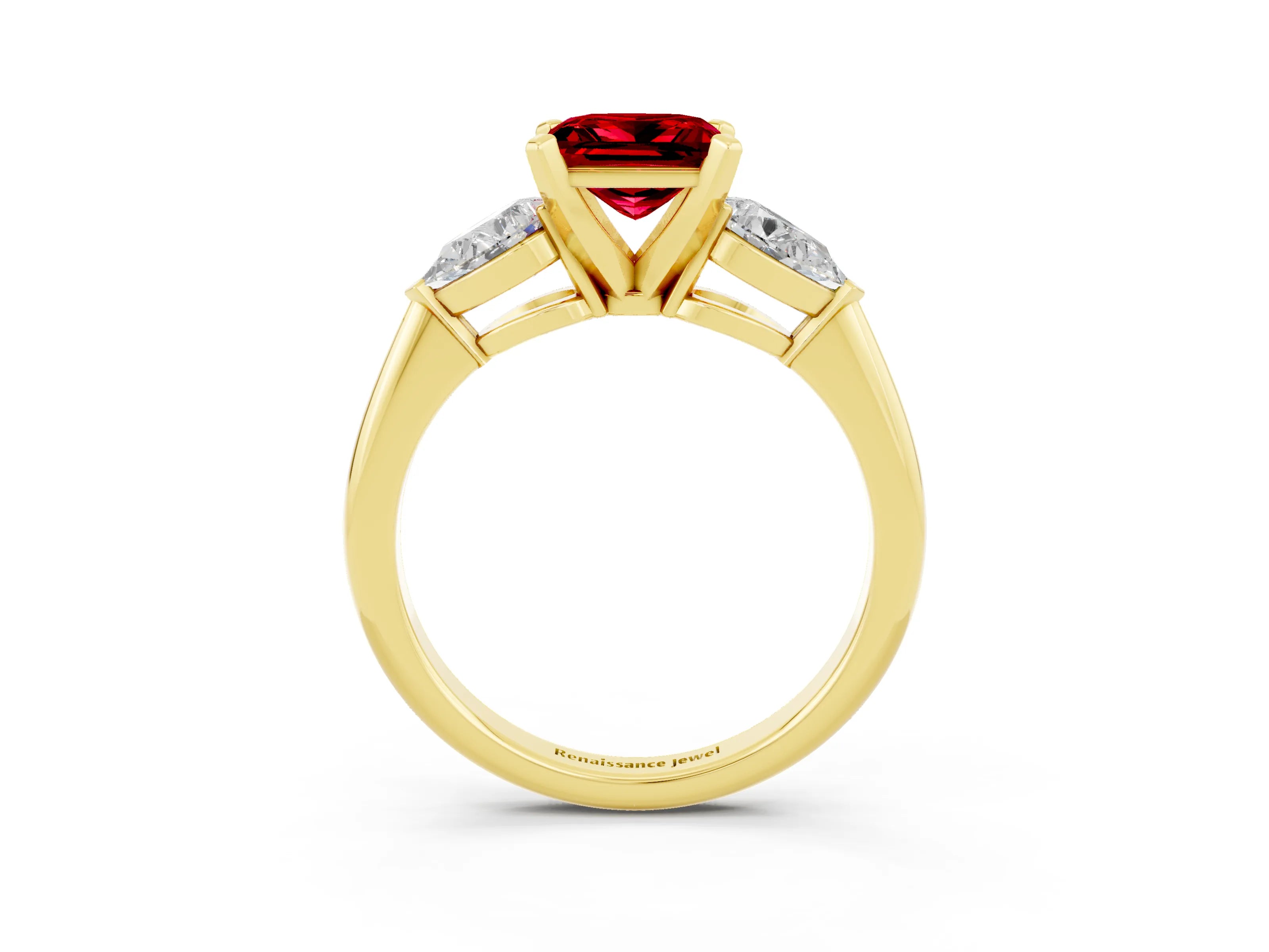 Yellow gold Three-Stone Princess Cut Ruby Ring with Pear Side Stones and Four-Prong Setting_3