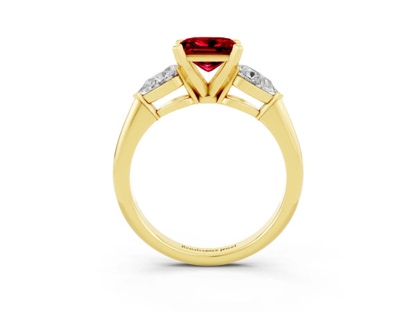 Yellow gold Three-Stone Princess Cut Ruby Ring with Pear Side Stones and Four-Prong Setting
